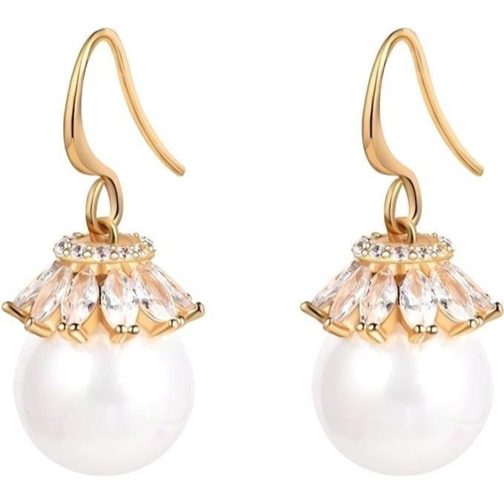 Gold Pearl Earrings Dainty Dangle drop
